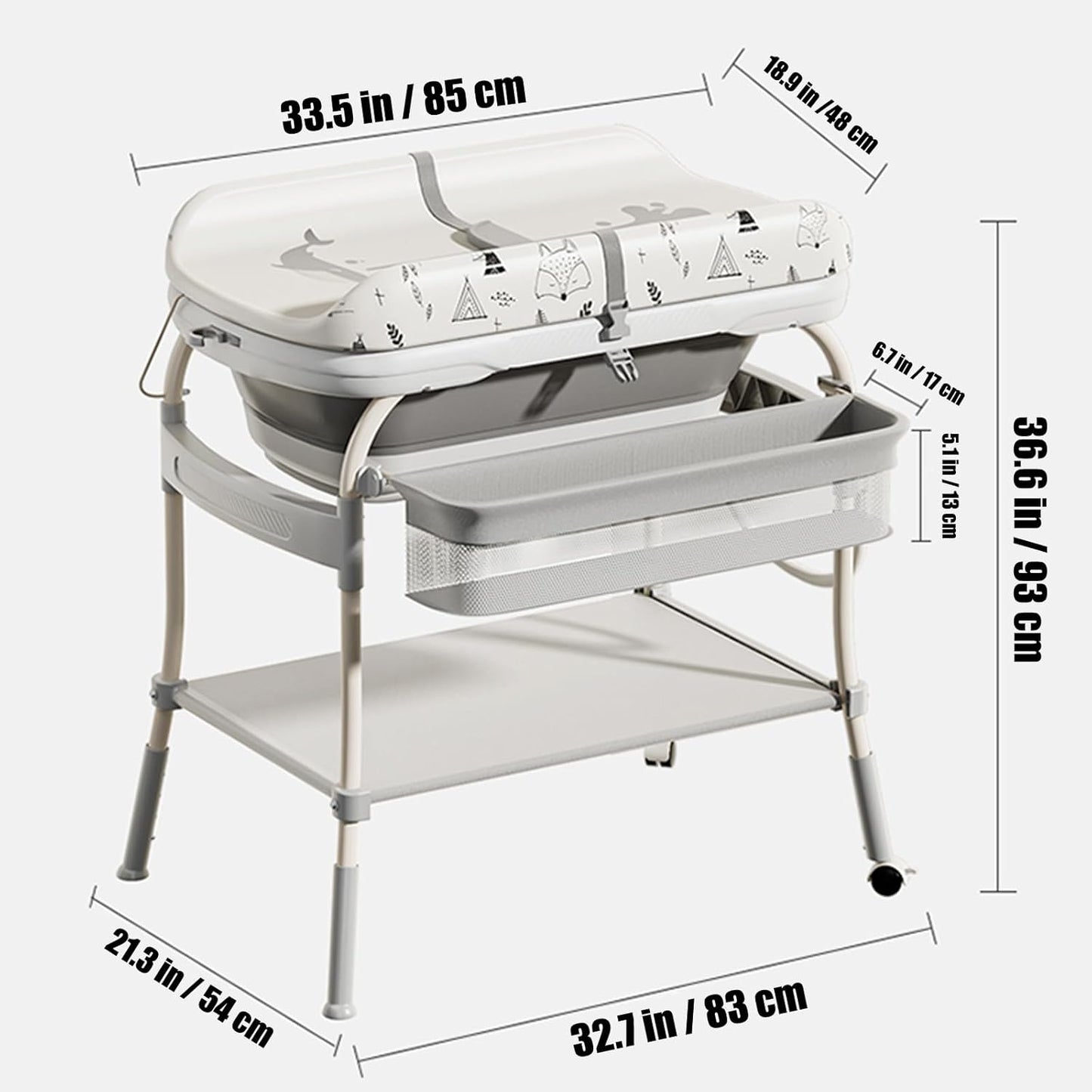 π 2-in-1 Baby Bathtub & Changing Station | Lockable Wheels | Storage Tray | Space-Saving