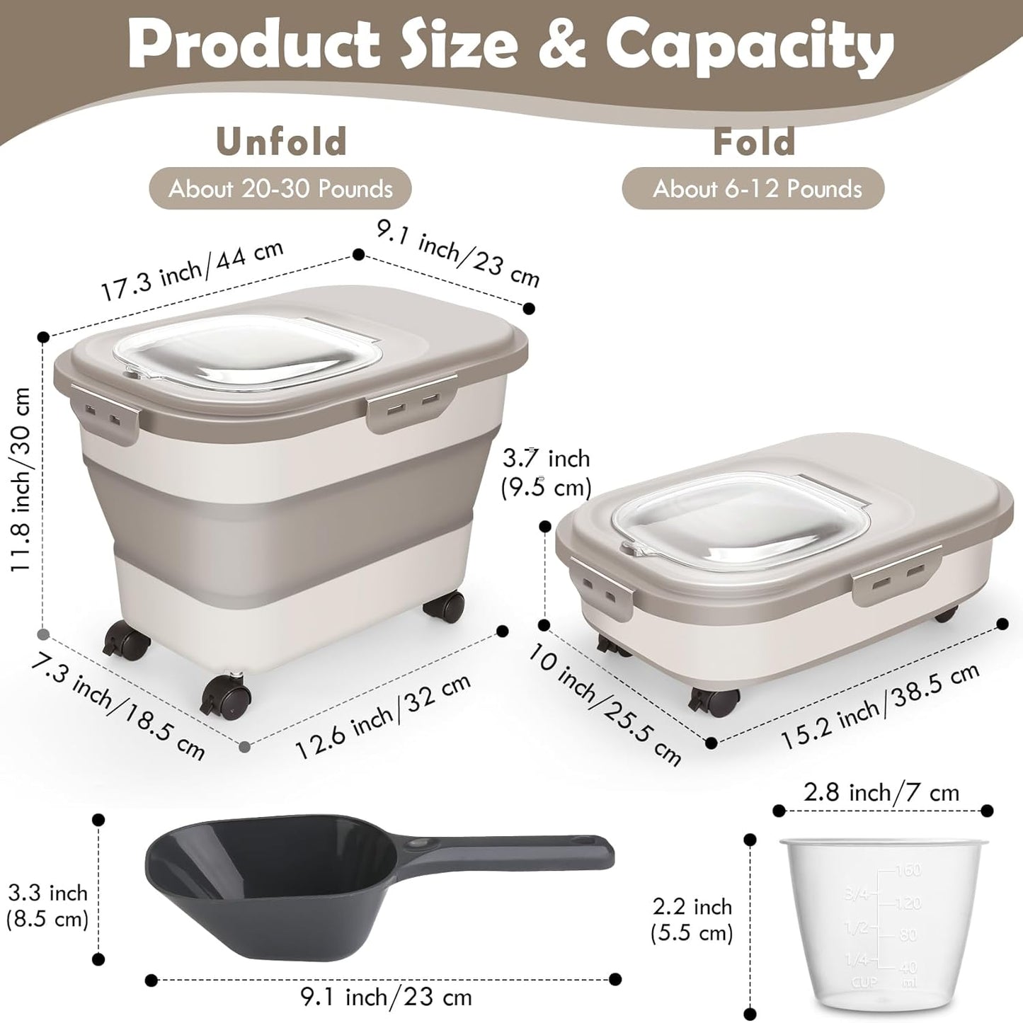 🐾 Collapsible Dog Food Container – With Casters, Scoop & Small Pet Food Container