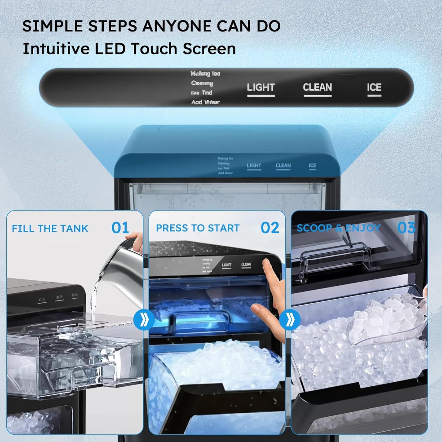 🧊 44 lbs Nugget Ice Maker | Ready in 5 Min | Self‑Cleaning | Low Noise
