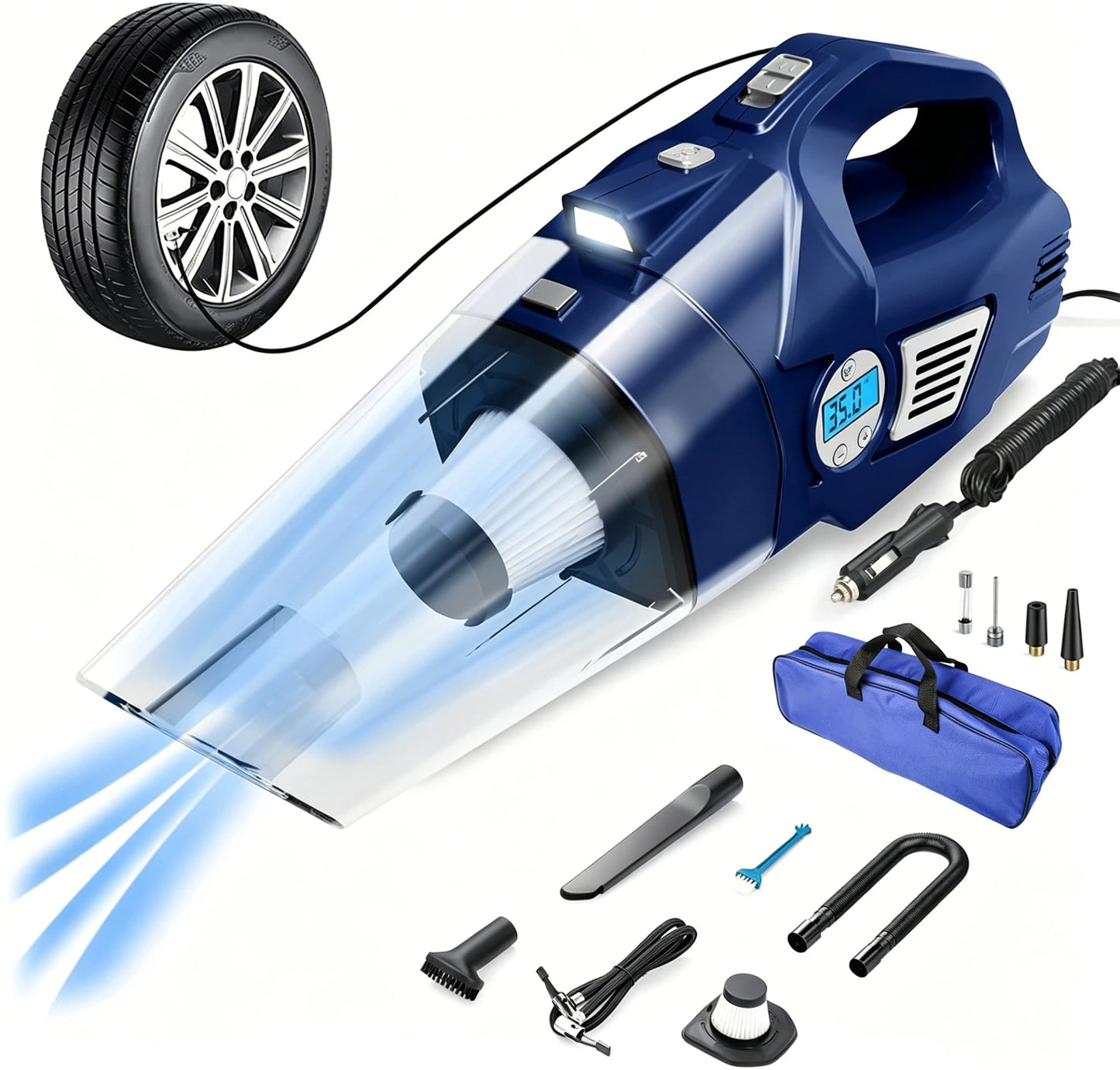 🎀 4‑in‑1 Pink Car Vacuum & Tire Inflator – Handheld, High Power, Digital Pressure Gauge, 15FT Cord