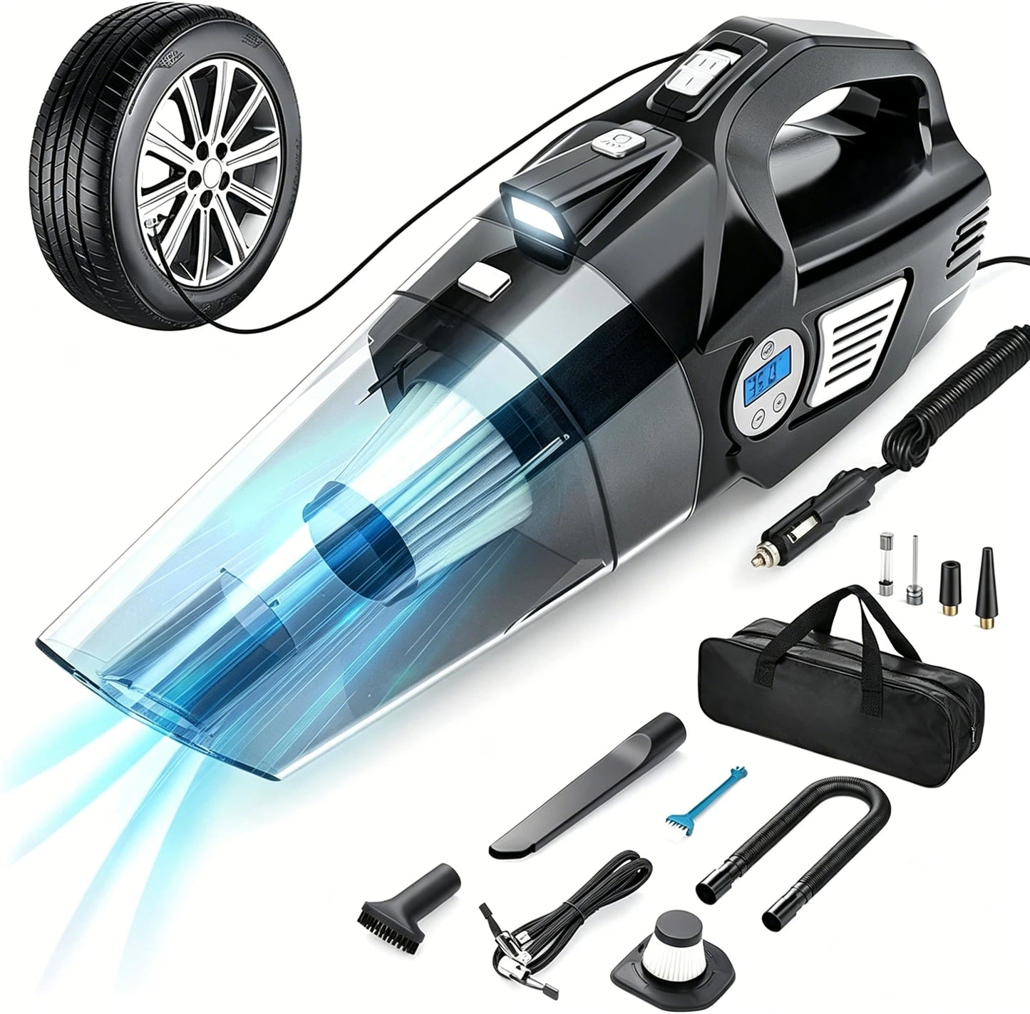 🎀 4‑in‑1 Pink Car Vacuum & Tire Inflator – Handheld, High Power, Digital Pressure Gauge, 15FT Cord