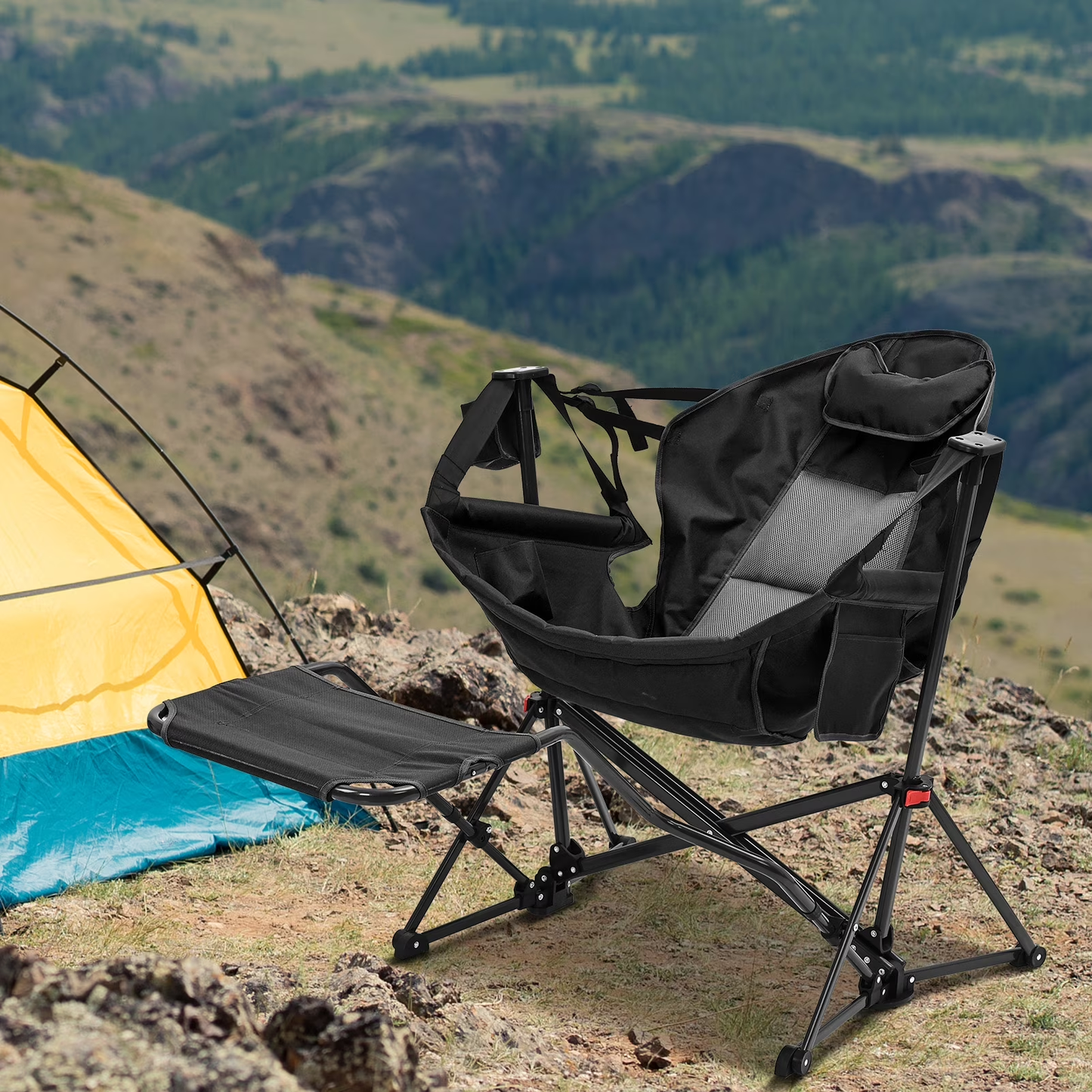 🪑 Foldable Rocking Camping Chair | Footrest + Cup Holder + Pillow | 500 lbs Capacity