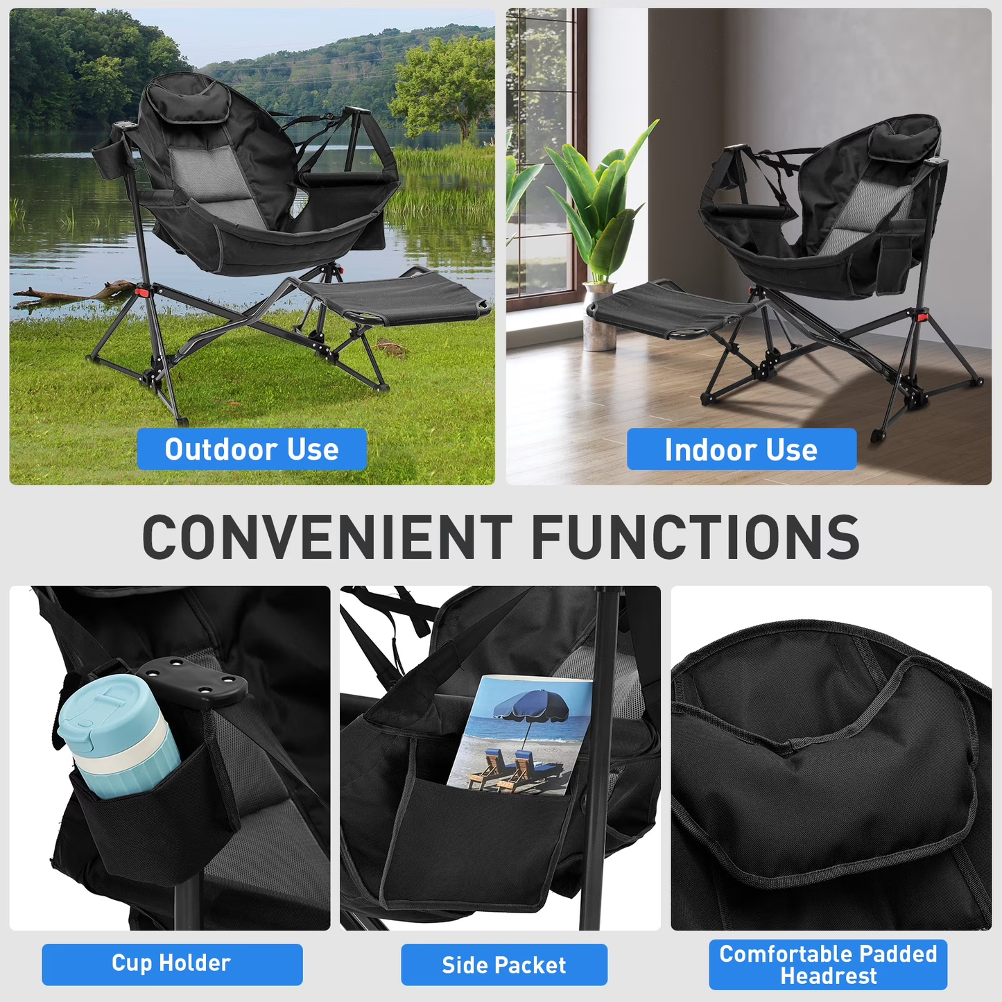 🪑 Foldable Rocking Camping Chair | Footrest + Cup Holder + Pillow | 500 lbs Capacity