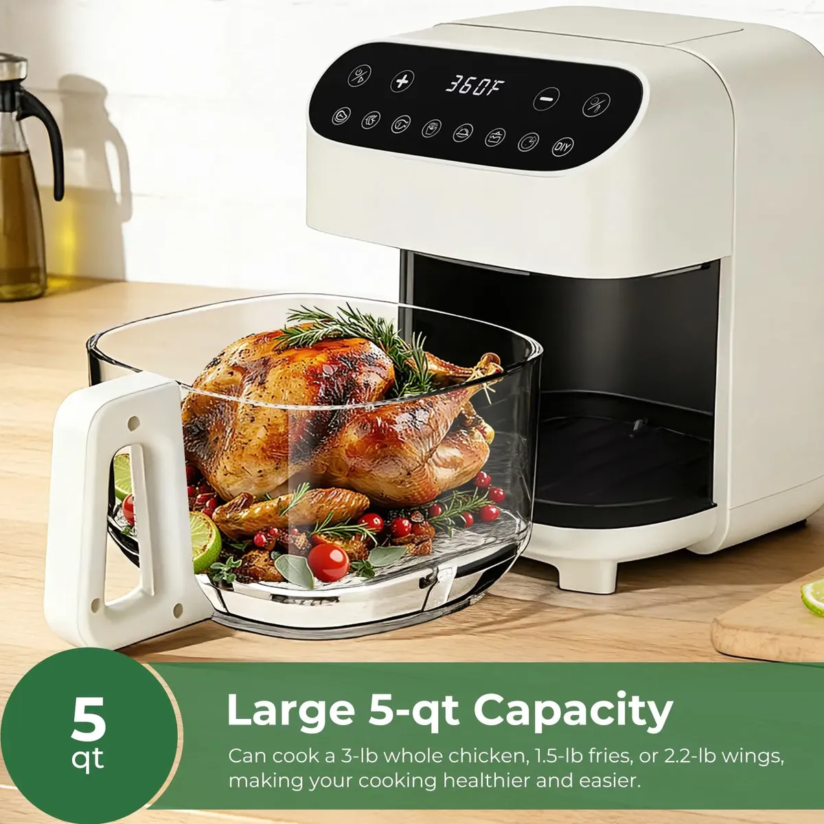 🍟 5Qt Glass Air Fryer | Pure Borosilicate Basket | 8 Smart Presets | Dishwasher Safe