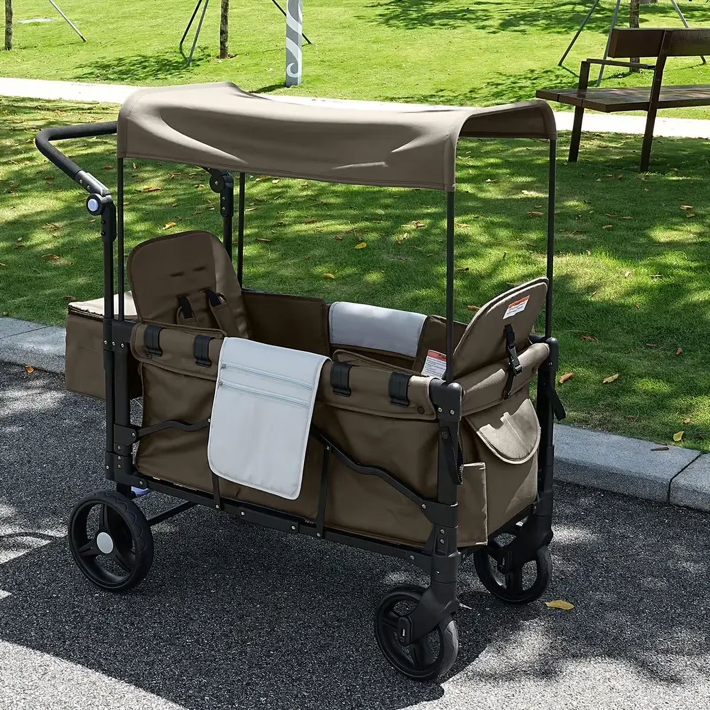 🛒 3-in-1 Wagon Stroller for 2 Kids | Canopy | All‑Terrain Wheels | Brown