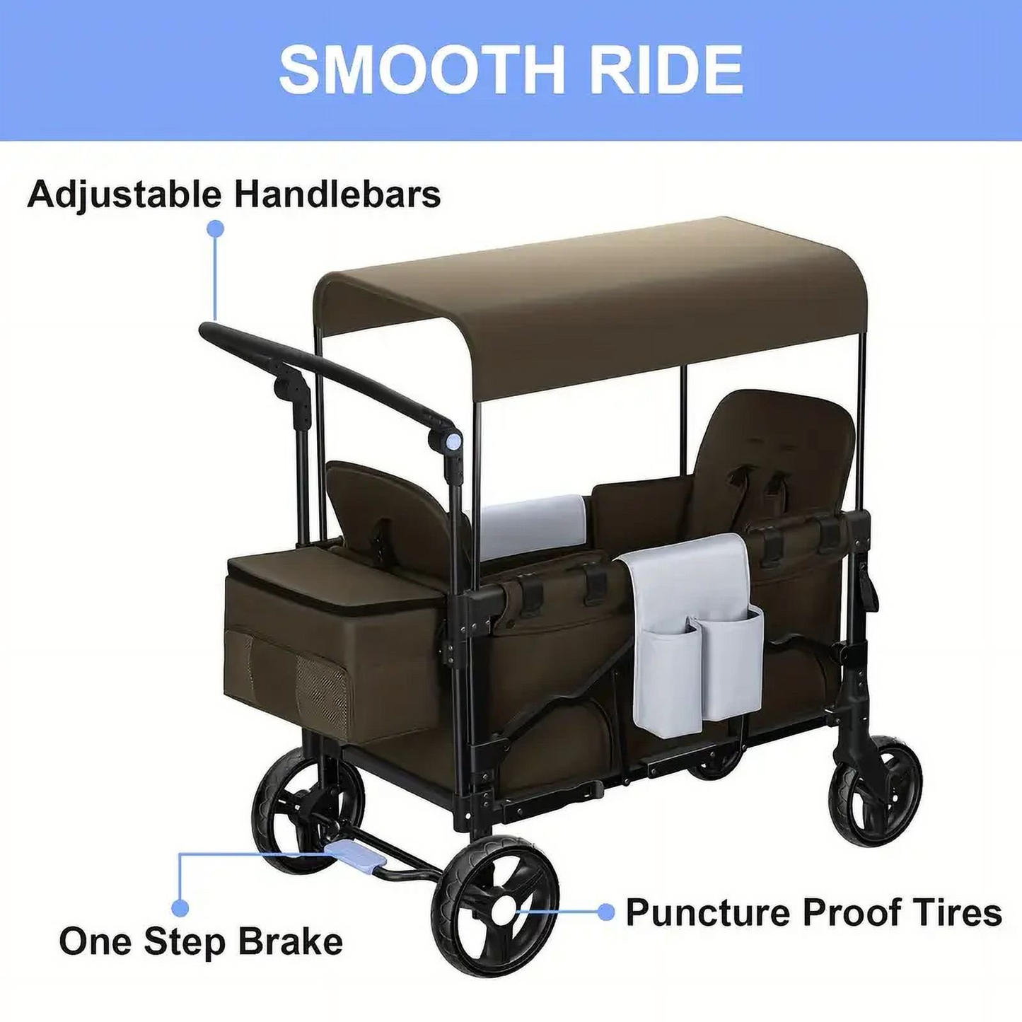🛒 3-in-1 Wagon Stroller for 2 Kids | Canopy | All‑Terrain Wheels | Brown