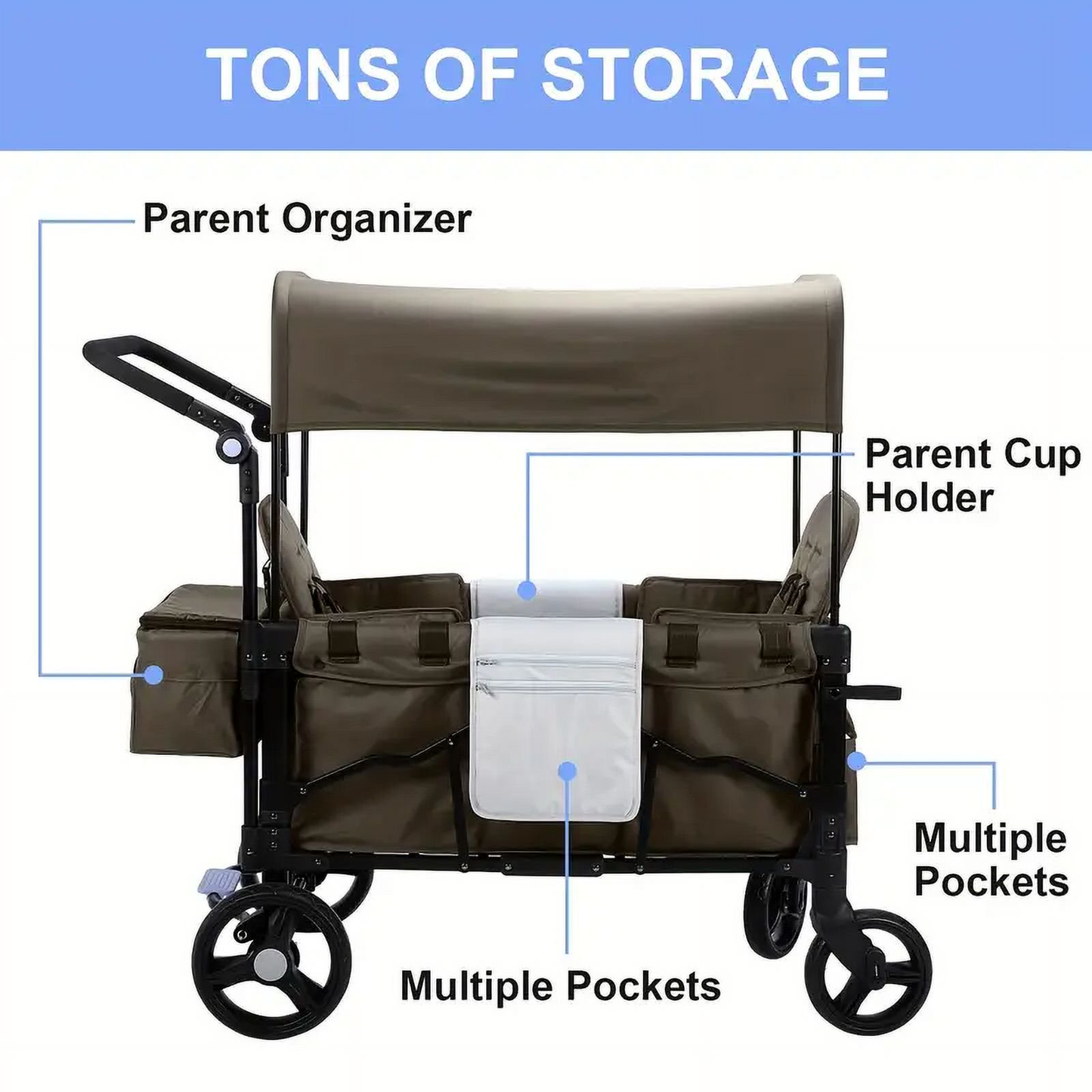🛒 3-in-1 Wagon Stroller for 2 Kids | Canopy | All‑Terrain Wheels | Brown