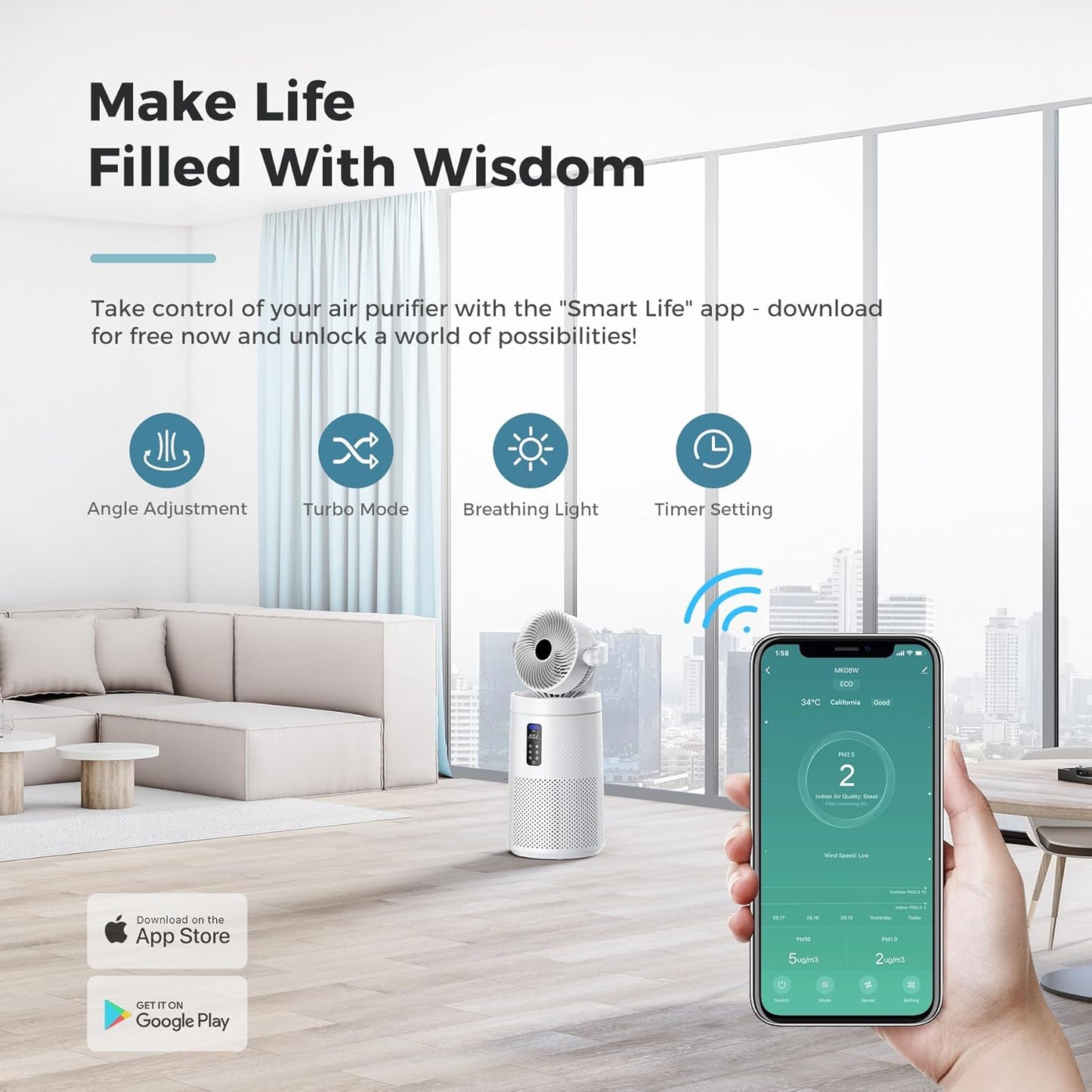 🌀 2-in-1 Air Purifier & Circulator Fan | Covers 1980 sq.ft | Washable Filter | Smart WiFi
