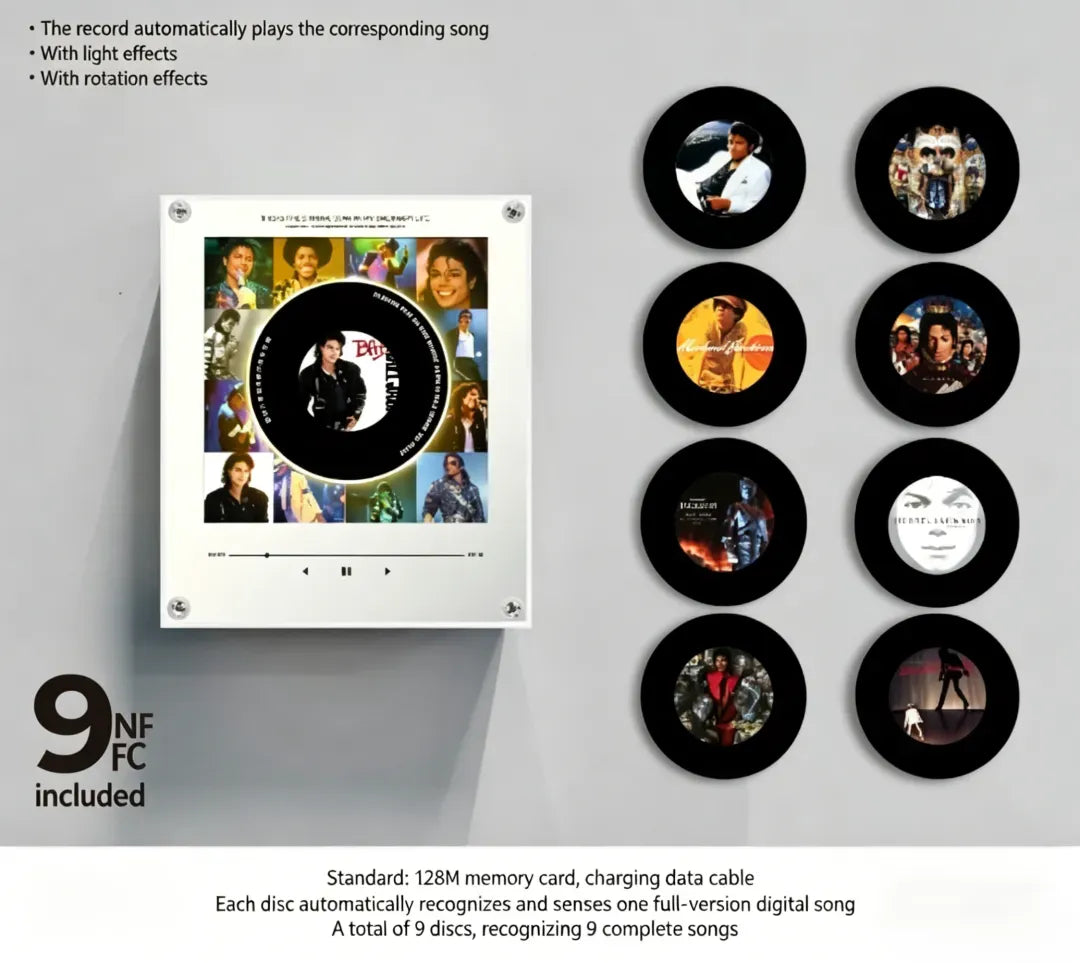 🎛️ NFC Vinyl Record Player | 9 Song Magnets | Wall-Mountable | Retro Glow