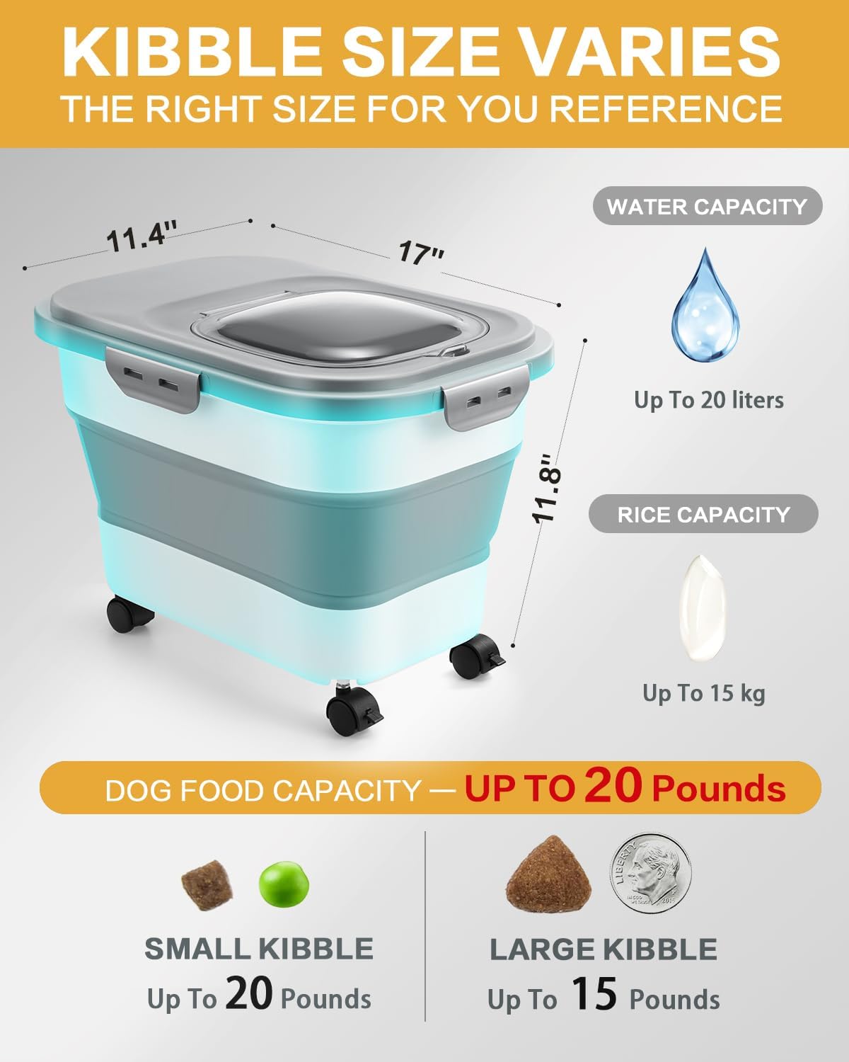 🐾 Collapsible Dog Food Container – With Casters, Scoop & Small Pet Food Container