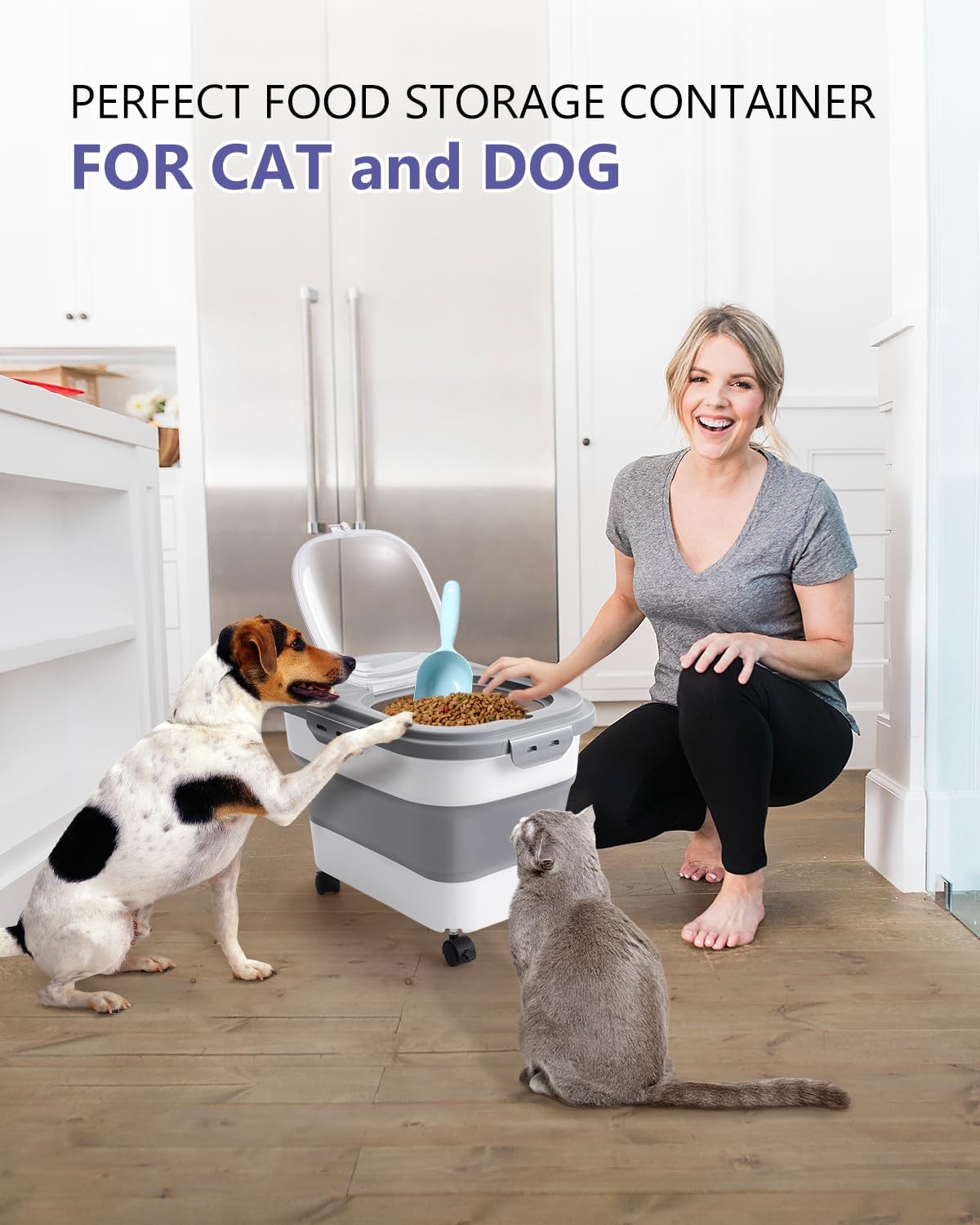 🐾 Collapsible Dog Food Container – With Casters, Scoop & Small Pet Food Container