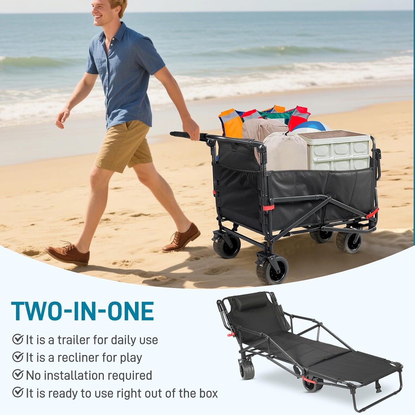 🛒 2-in-1 Folding Wagon & Beach Chair | 650 lbs Capacity | All‑Terrain Wheels