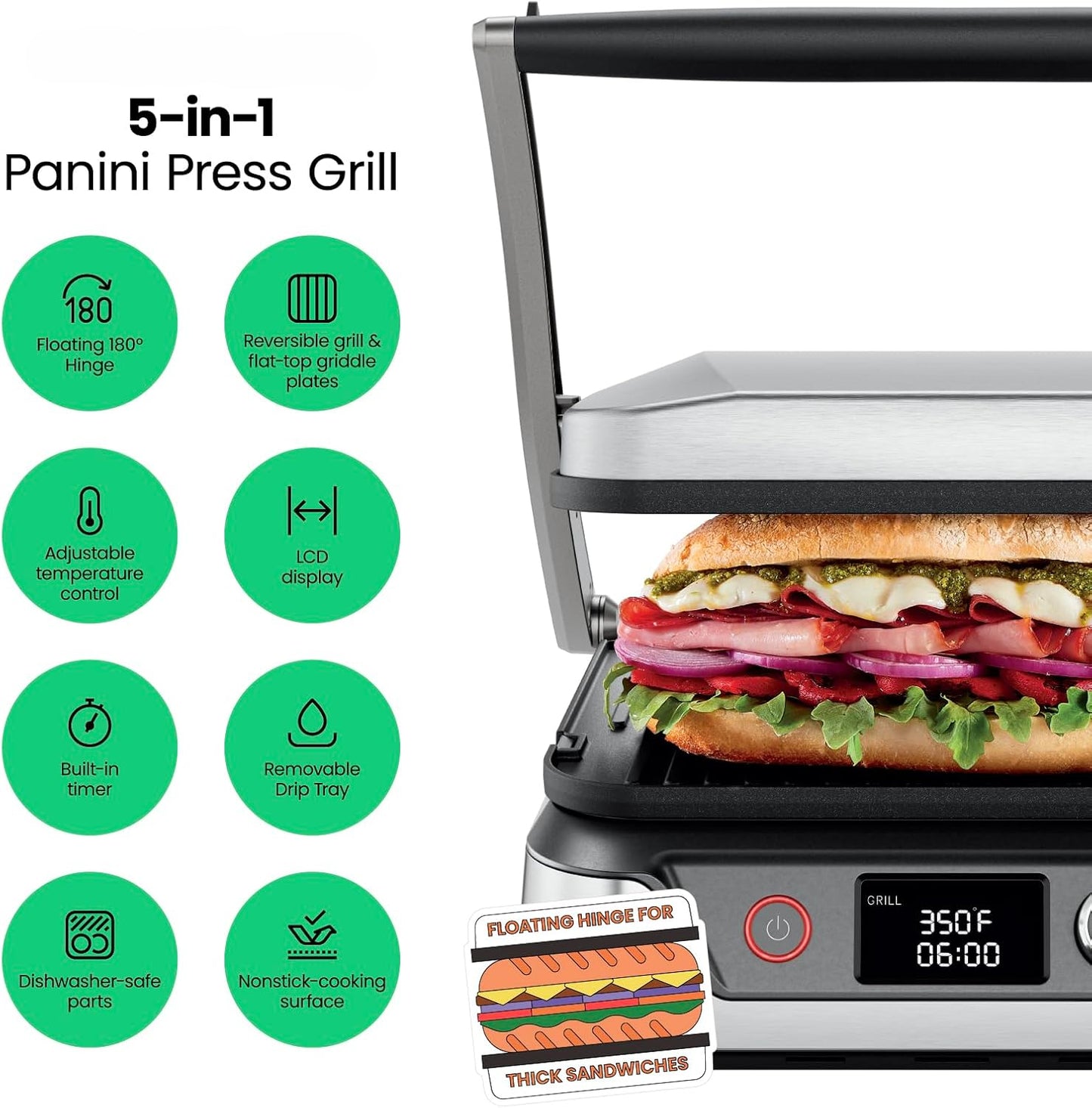 🥪 5-in-1 Panini Press & Grill | Opens 180° | Removable Plates | LCD Timer
