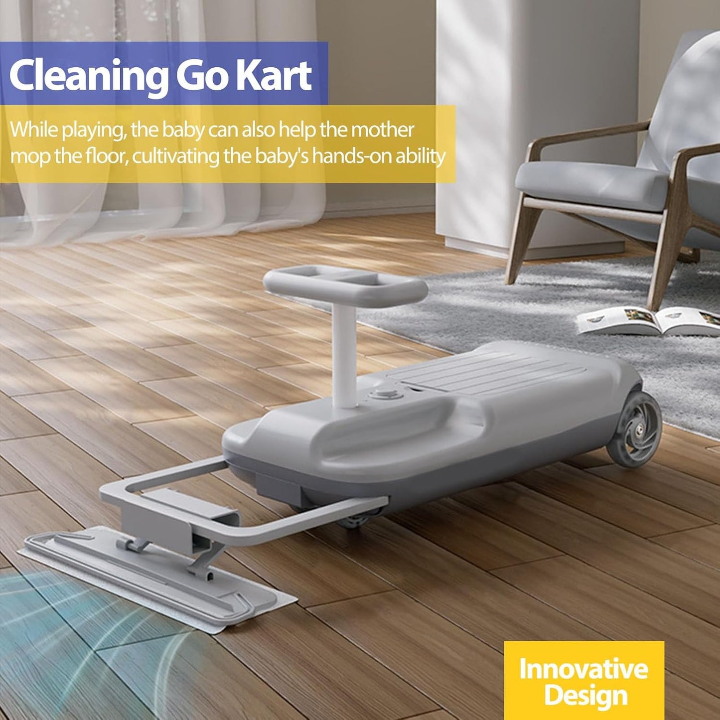 🧹 12V Ride-On Cleaning Go Kart | Mop Attachment | Lights | 5-Speed | Indoor/Outdoor