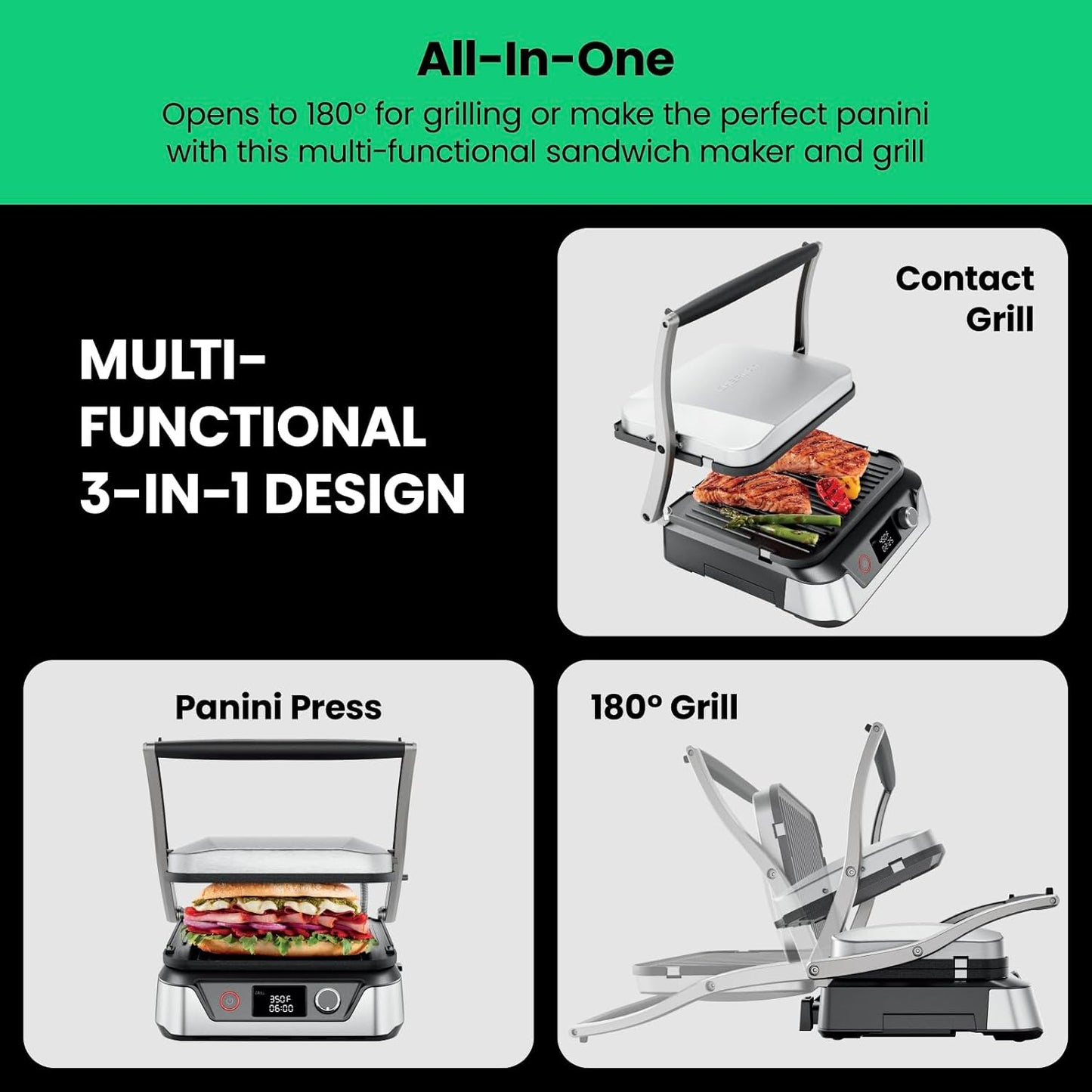 🥪 5-in-1 Panini Press & Grill | Opens 180° | Removable Plates | LCD Timer
