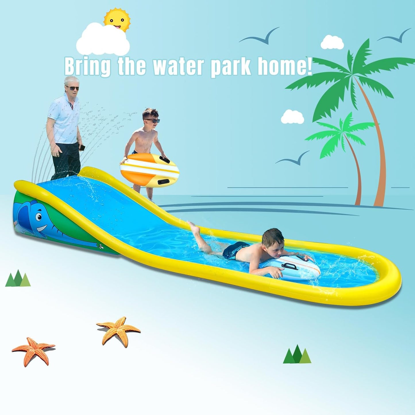 🌊 15FT Inflatable Water Slide | 2 Surf Riders | Built‑In Sprinkler | Backyard Fun