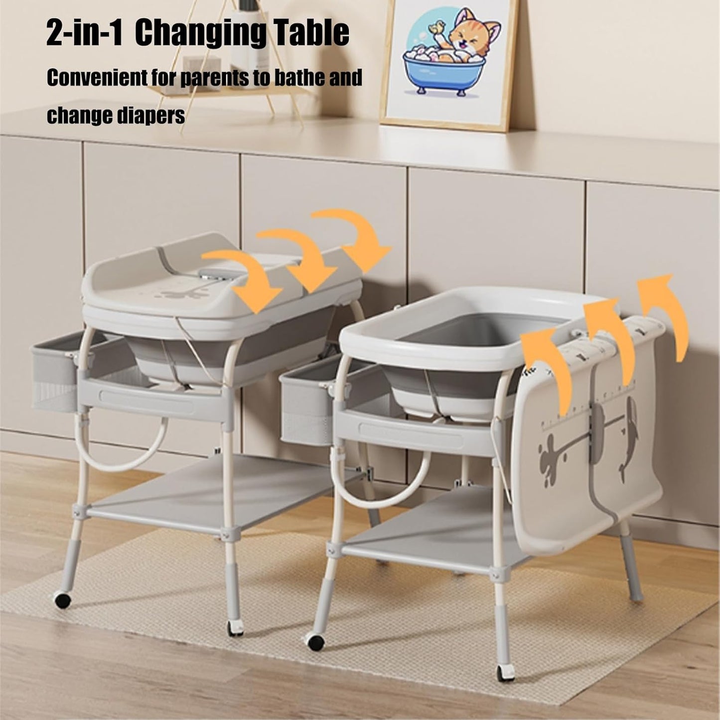 🛀 2-in-1 Baby Bathtub & Changing Station | Lockable Wheels | Storage Tray | Space-Saving