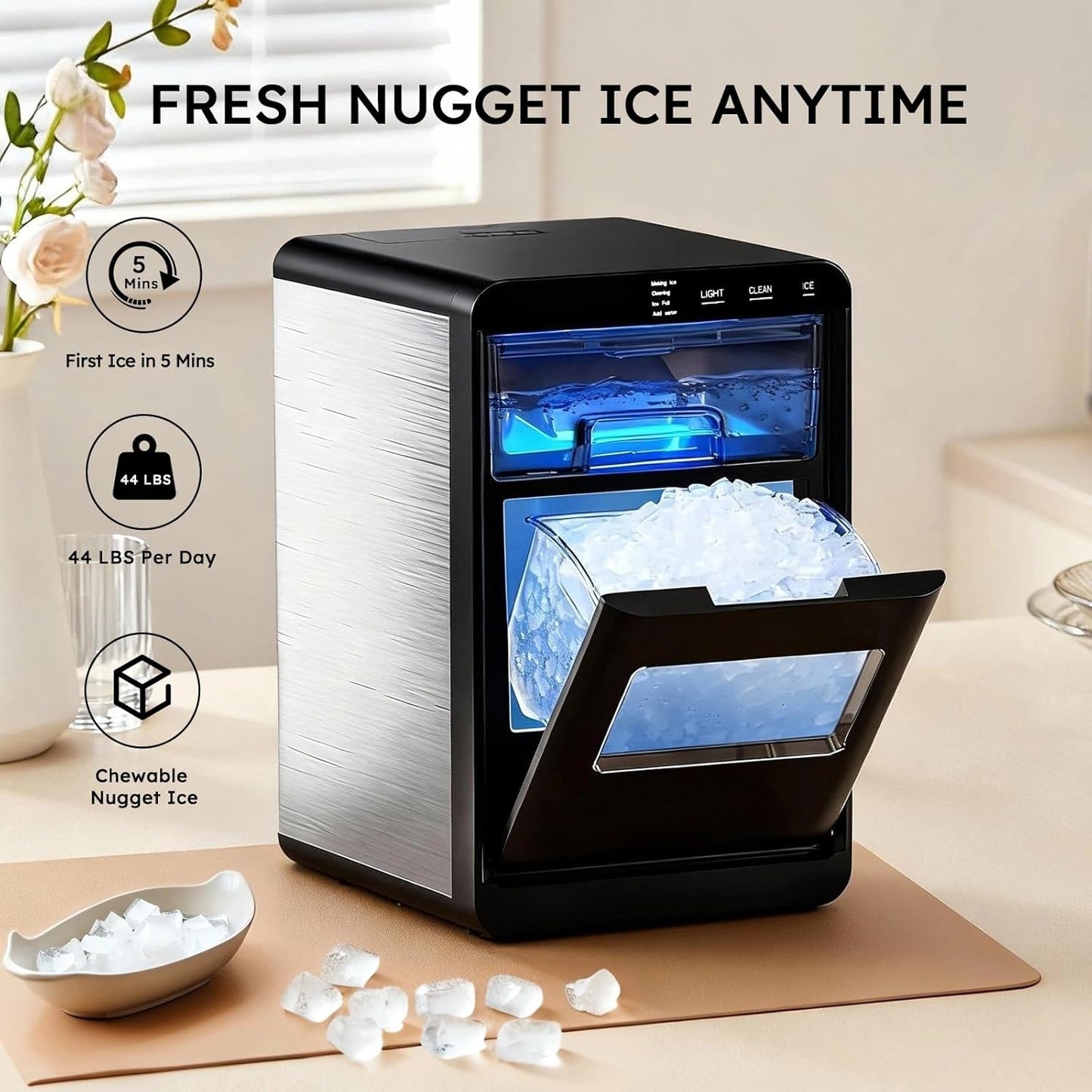 🧊 44 lbs Nugget Ice Maker | Ready in 5 Min | Self‑Cleaning | Low Noise