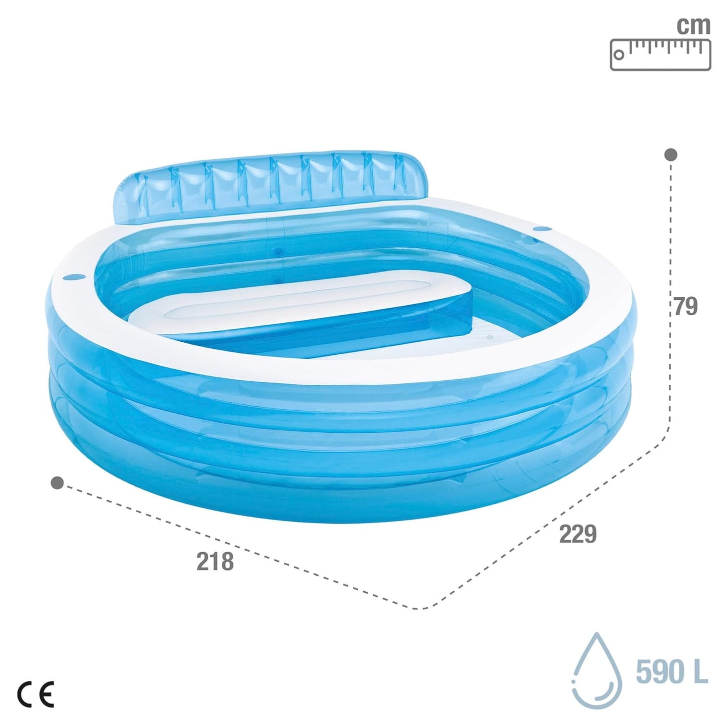 🏊 Inflatable Pool with Backrest | 229cm Diameter | Thick PVC | Portable