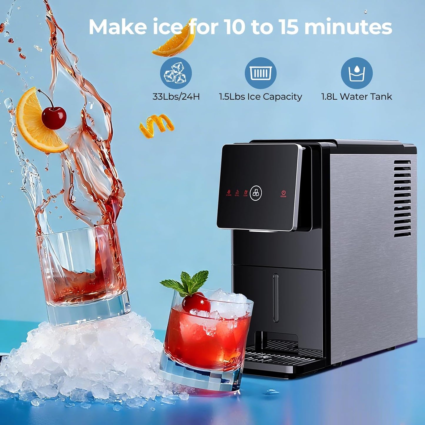 🧊 Countertop Nugget Ice Maker | 33 lbs/Day | Self-Cleaning | Touch Screen | 1.8L Tank