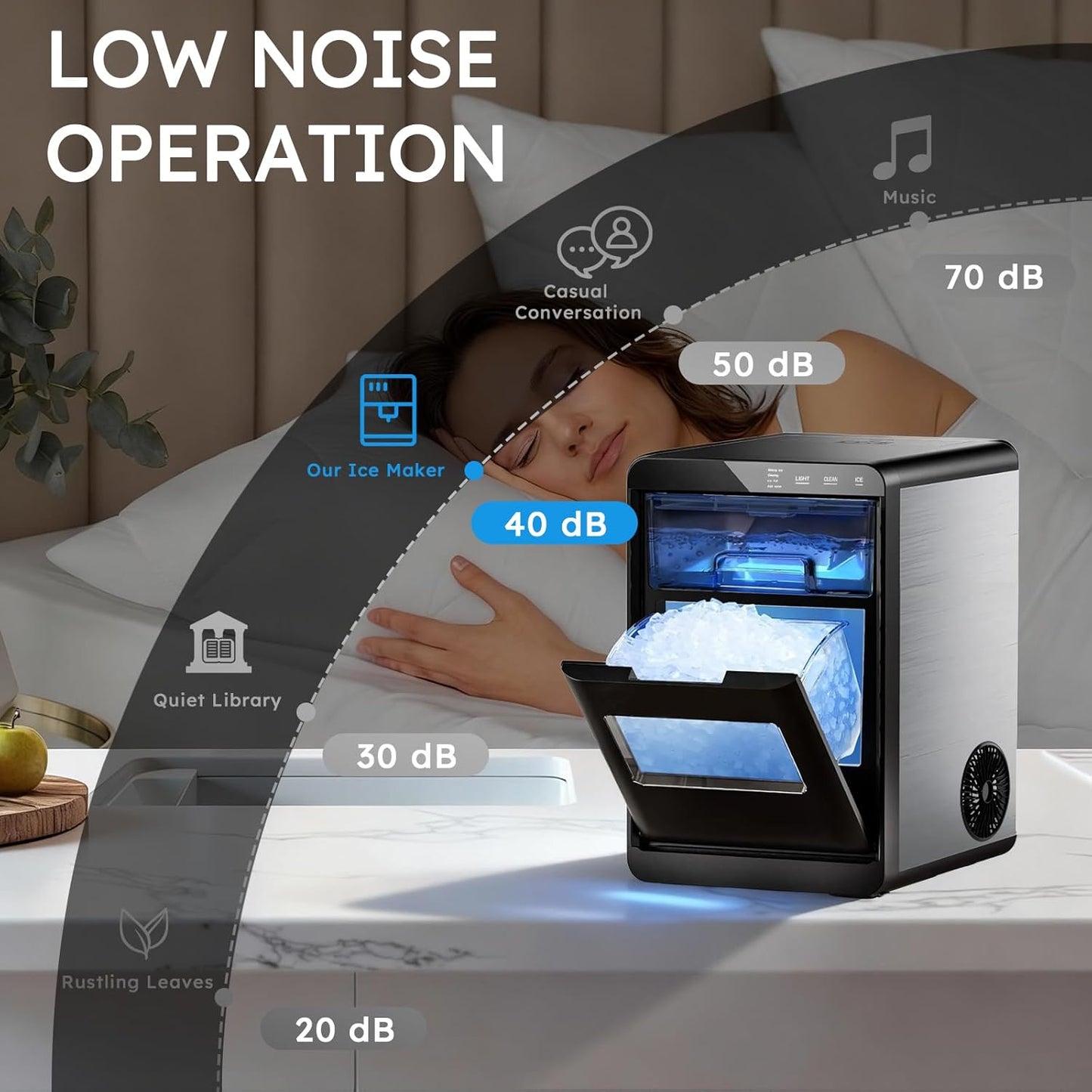 🧊 44 lbs Nugget Ice Maker | Ready in 5 Min | Self‑Cleaning | Low Noise
