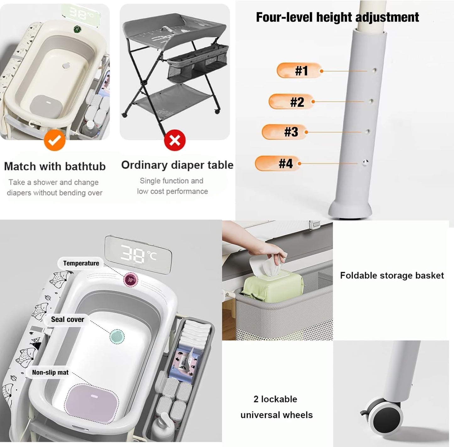🛀 2-in-1 Baby Bathtub & Changing Station | Lockable Wheels | Storage Tray | Space-Saving