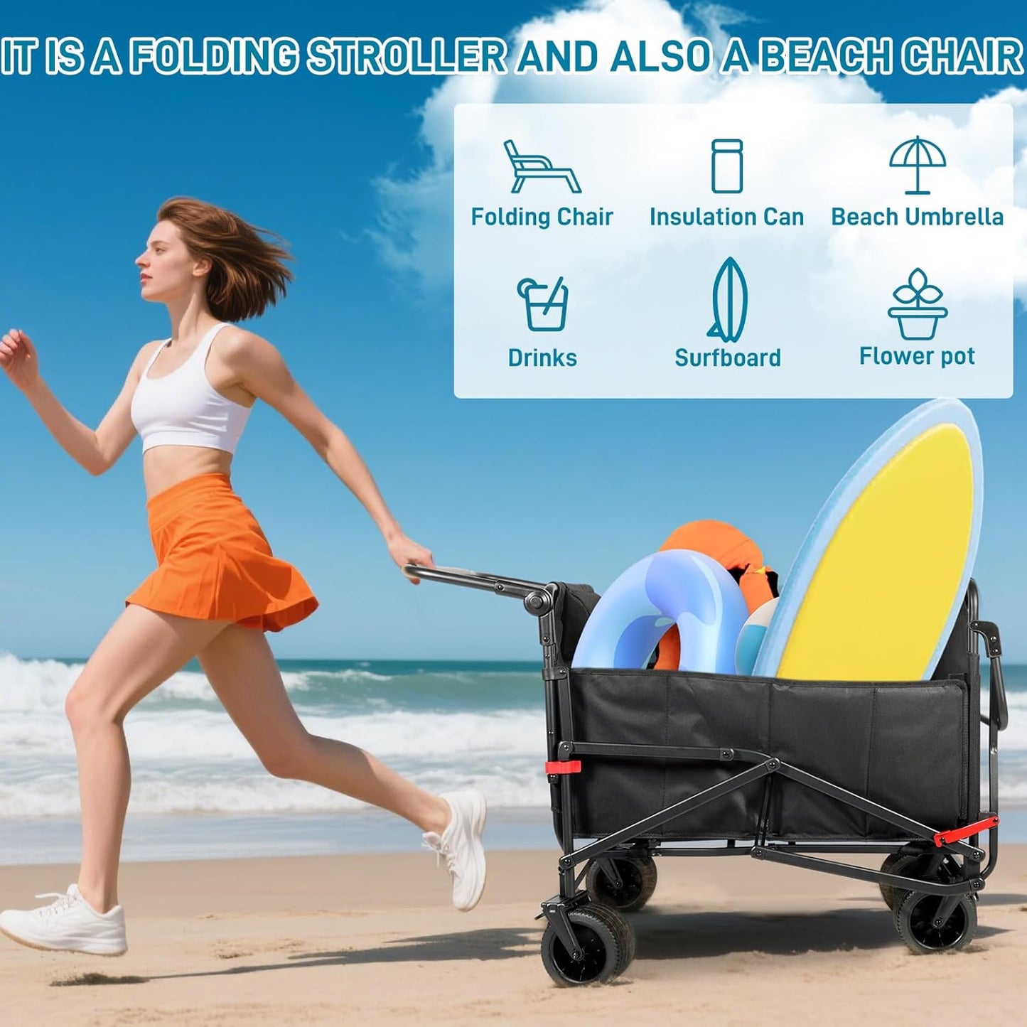 🛒 2-in-1 Folding Wagon & Beach Chair | 650 lbs Capacity | All‑Terrain Wheels
