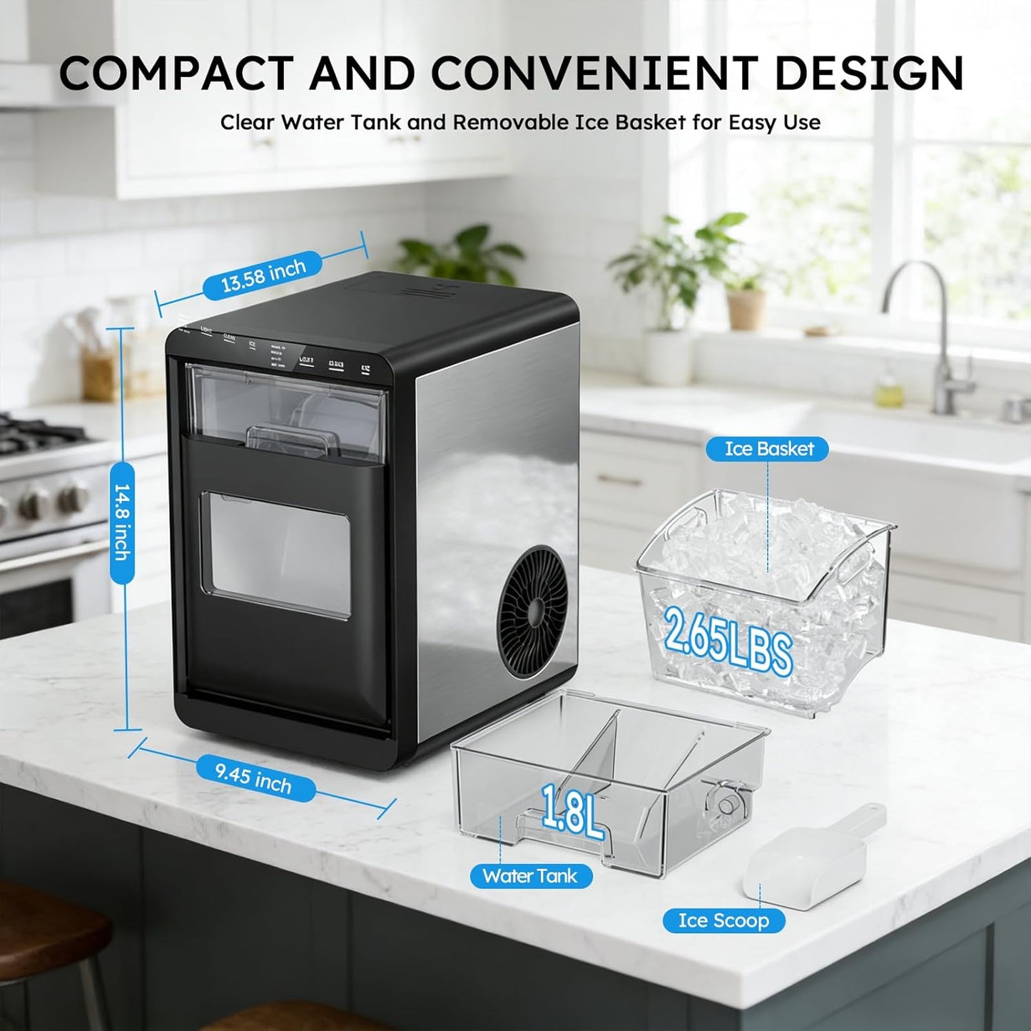 🧊 44 lbs Nugget Ice Maker | Ready in 5 Min | Self‑Cleaning | Low Noise