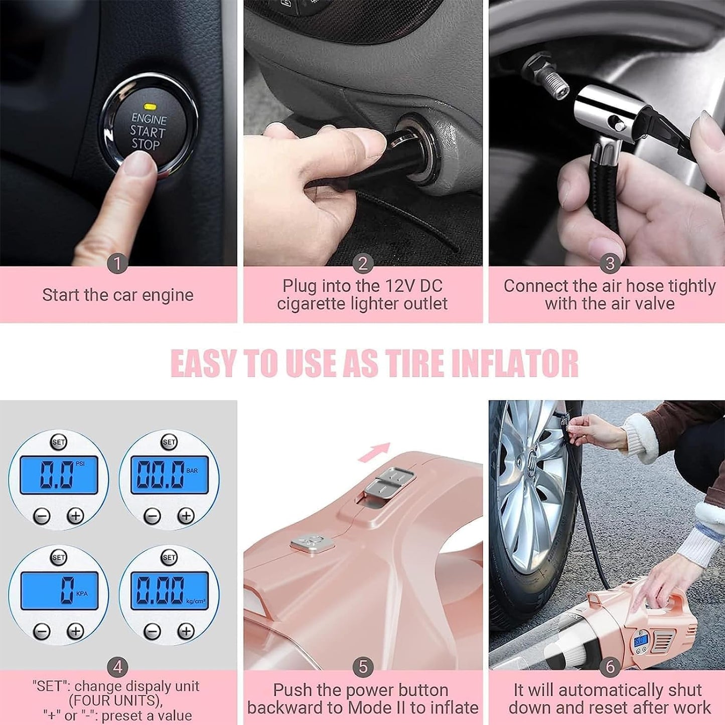 🎀 4‑in‑1 Pink Car Vacuum & Tire Inflator – Handheld, High Power, Digital Pressure Gauge, 15FT Cord