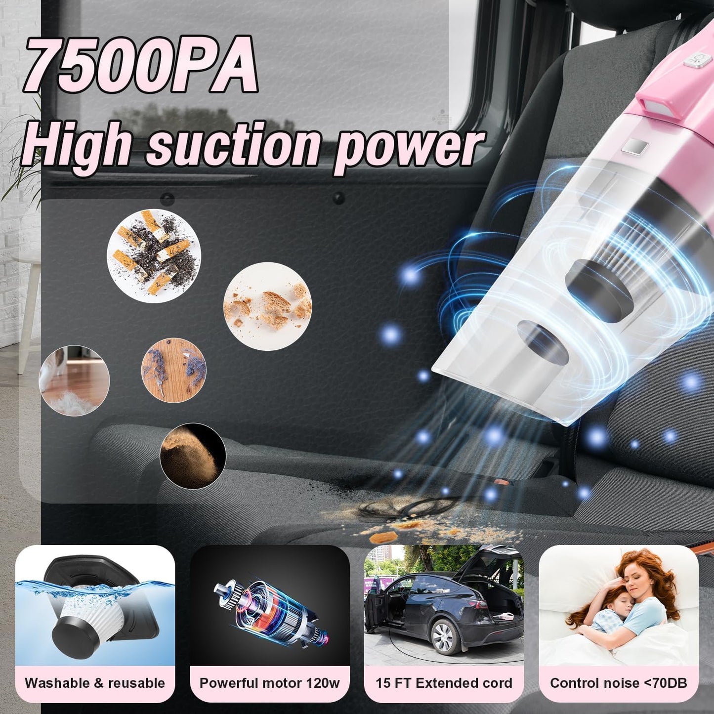 🎀 4‑in‑1 Pink Car Vacuum & Tire Inflator – Handheld, High Power, Digital Pressure Gauge, 15FT Cord