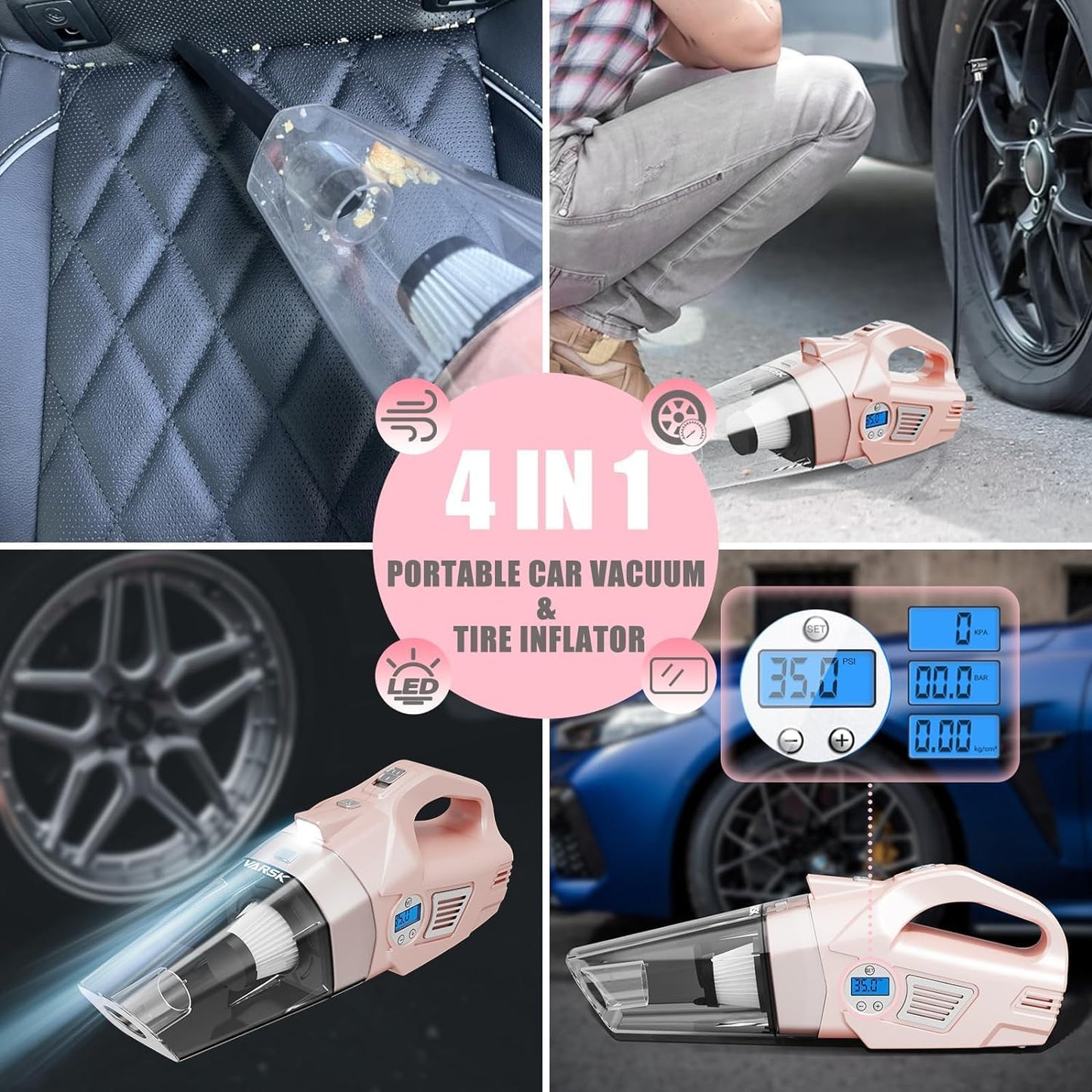 🎀 4‑in‑1 Pink Car Vacuum & Tire Inflator – Handheld, High Power, Digital Pressure Gauge, 15FT Cord