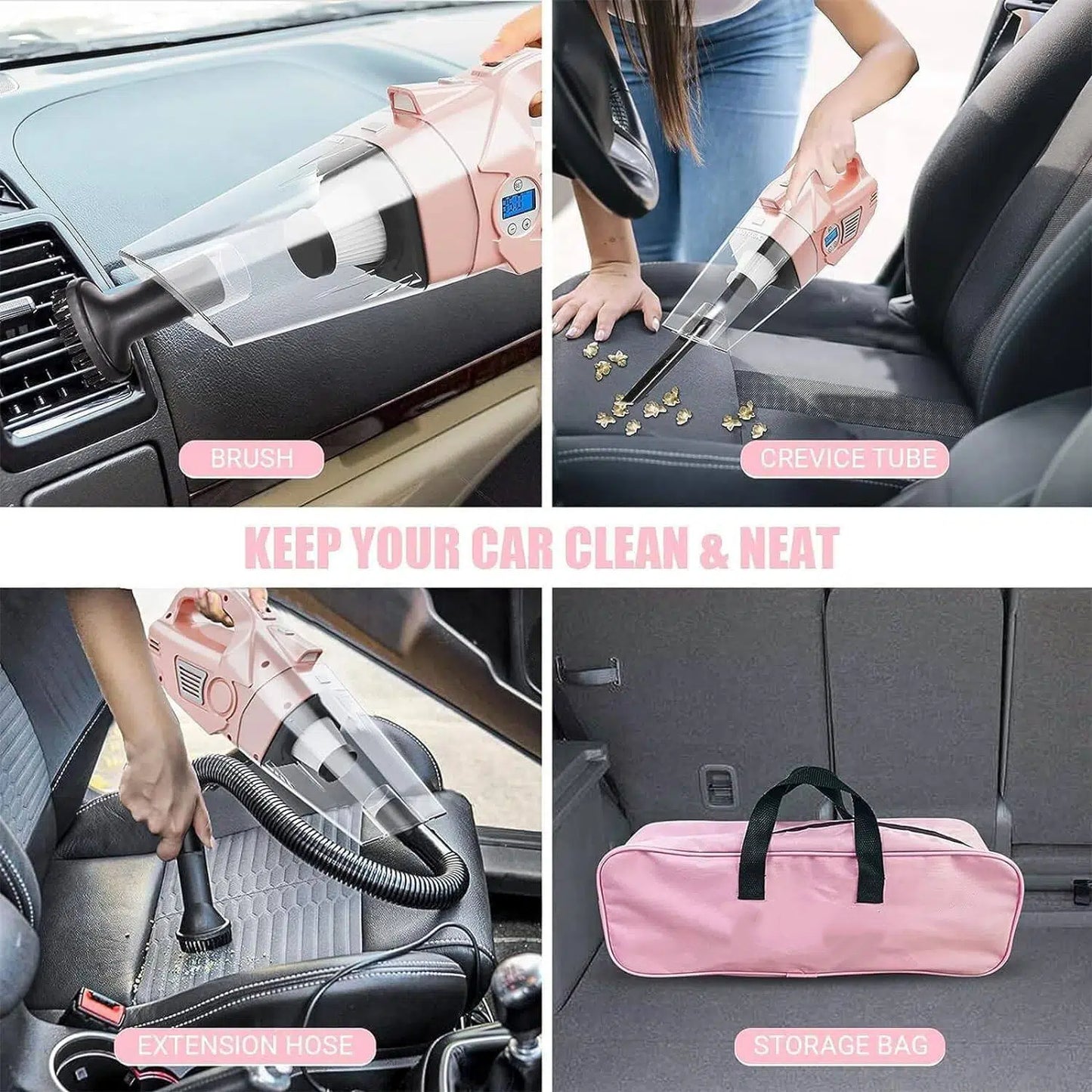 🎀 4‑in‑1 Pink Car Vacuum & Tire Inflator – Handheld, High Power, Digital Pressure Gauge, 15FT Cord
