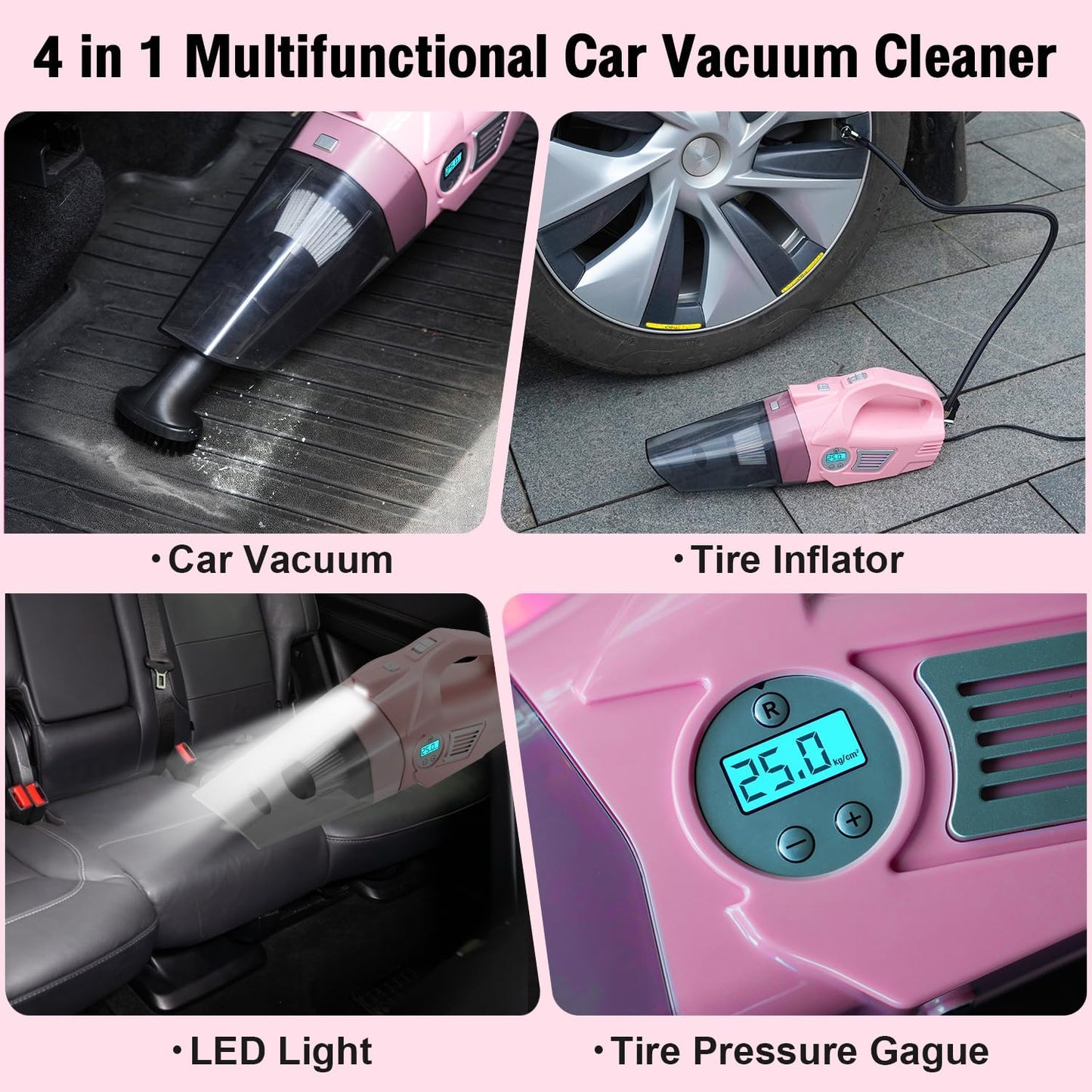 🎀 4‑in‑1 Pink Car Vacuum & Tire Inflator – Handheld, High Power, Digital Pressure Gauge, 15FT Cord