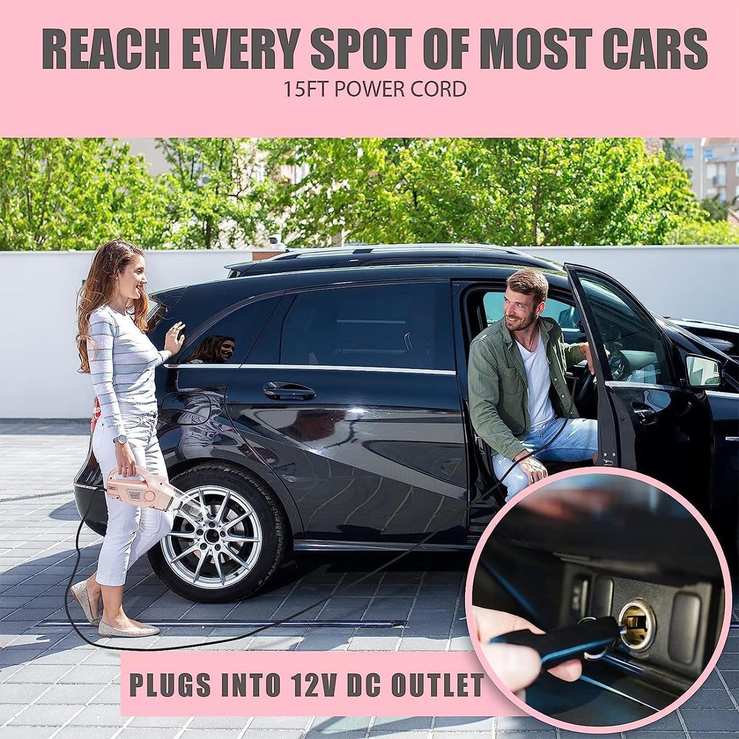 🎀 4‑in‑1 Pink Car Vacuum & Tire Inflator – Handheld, High Power, Digital Pressure Gauge, 15FT Cord