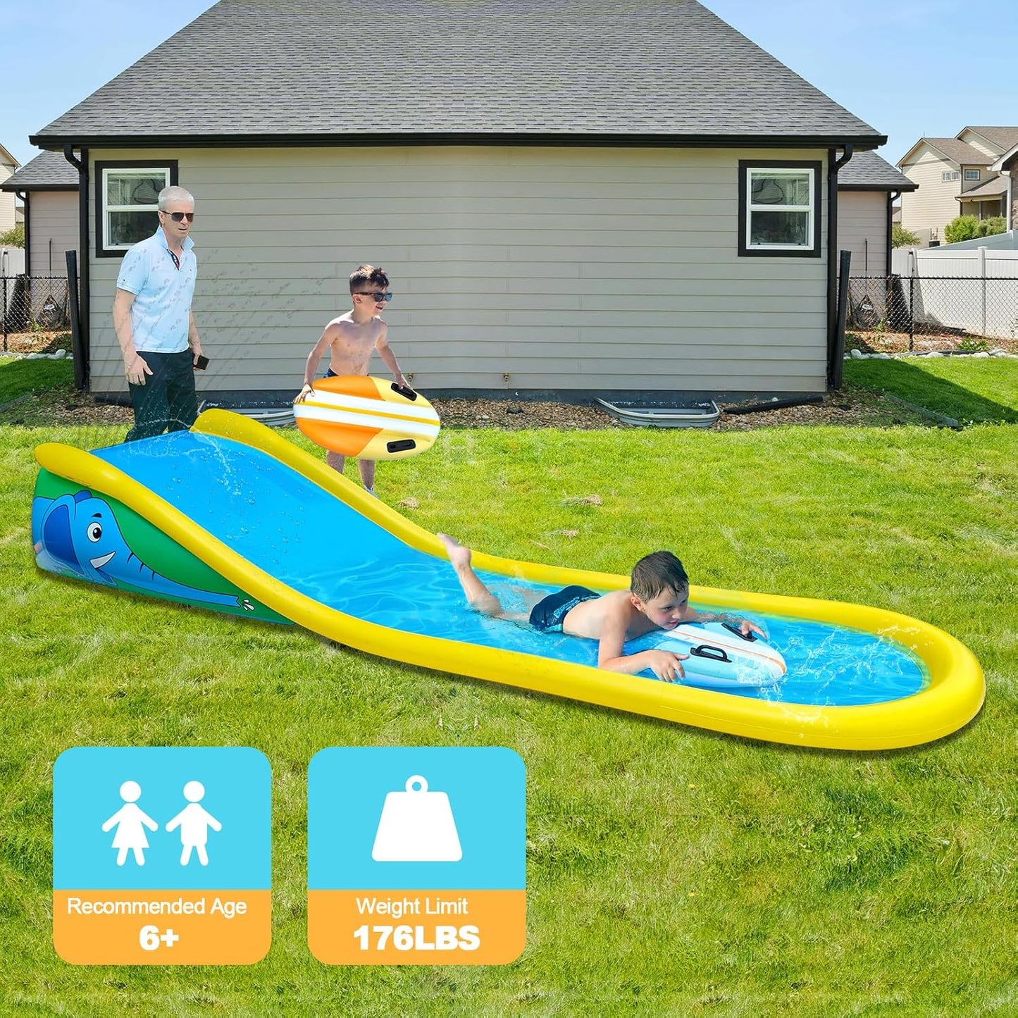 🌊 15FT Inflatable Water Slide | 2 Surf Riders | Built‑In Sprinkler | Backyard Fun