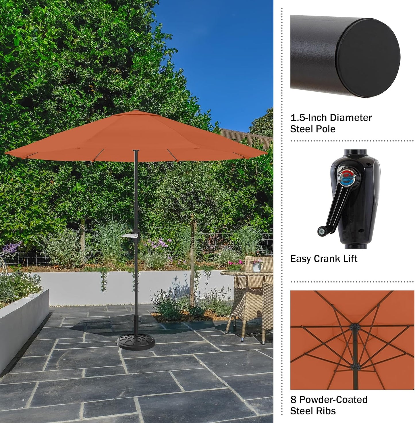 ☂️ 9ft Round Patio Umbrella | Easy Crank | Vented Canopy | Orange