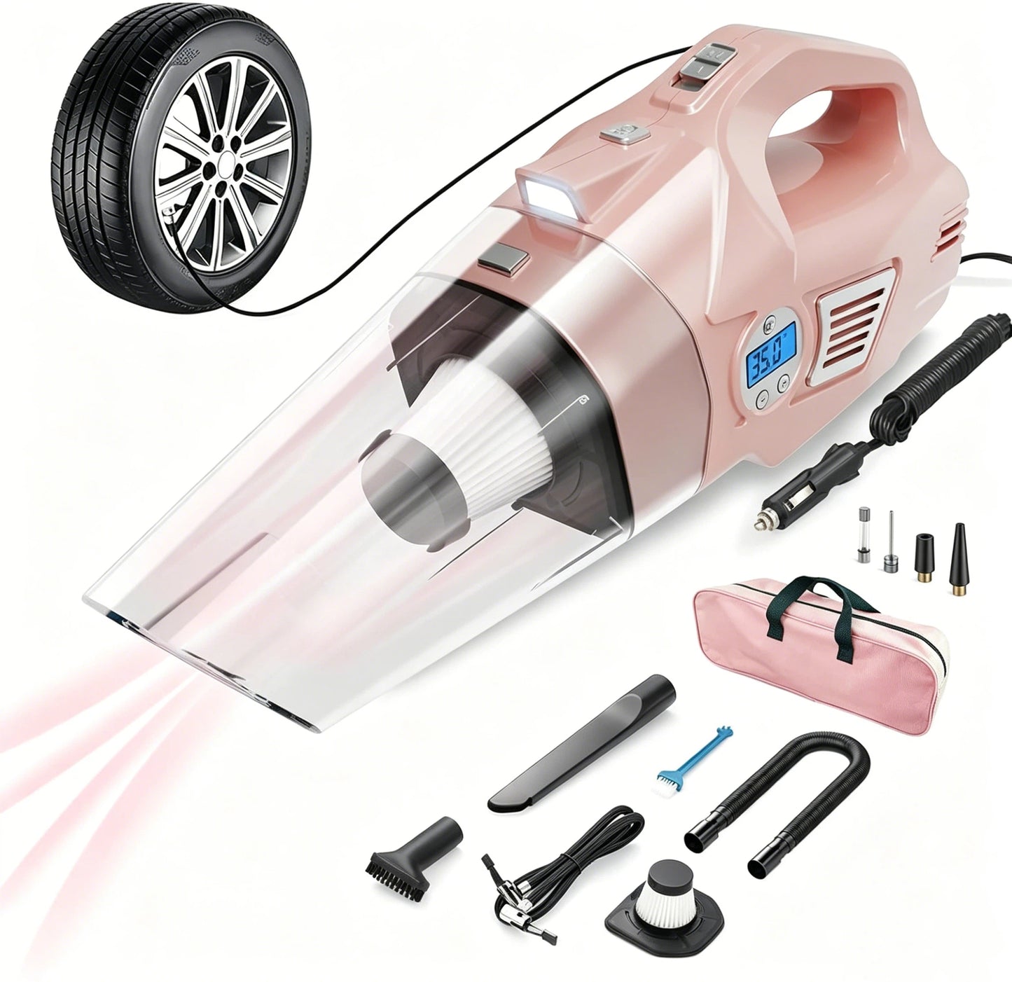 🎀 4‑in‑1 Pink Car Vacuum & Tire Inflator – Handheld, High Power, Digital Pressure Gauge, 15FT Cord