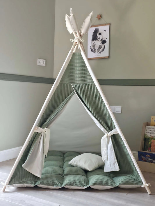 🏕️ Kids Wigwam Play Tent | 150cm Tall | Indoor/Outdoor | Includes Cushion & Feathers